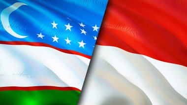 Uzbekistan and Indonesia flags. 3D Waving flag design. Uzbekistan Indonesia flag, picture, wallpaper. Uzbekistan vs Indonesia image,3D rendering. Uzbekistan Indonesia relations alliance an