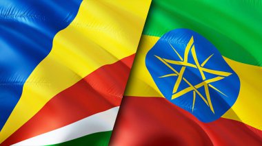 Seychelles and Ethiopia flags. 3D Waving flag design. Seychelles Ethiopia flag, picture, wallpaper. Seychelles vs Ethiopia image,3D rendering. Seychelles Ethiopia relations alliance an