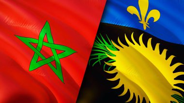 Fas ve Guadeloupe bayrakları. 3 boyutlu dalgalanan bayrak tasarımı. Fas Guadeloupe bayrağı, resim, duvar kağıdı. Fas, Guadeloupe 'a karşı. Görüntü 3 boyutlu. Fas Guadeloupe ilişkiler ittifakı