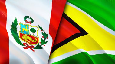 Peru ve Guyana bayrakları. 3 boyutlu dalgalanan bayrak tasarımı. Peru Guyana bayrağı, resim, duvar kağıdı. Peru, Guyana 'ya karşı, görüntü 3 boyutlu. Peru Guyana ilişkileri ittifak ve ticaret, seyahat, turizm konsepti