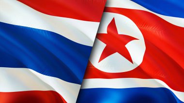 Thailand and North Korea flags. 3D Waving flag design. Thailand North Korea flag, picture, wallpaper. Thailand vs North Korea image,3D rendering. Thailand North Korea relations alliance an