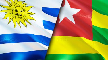 Uruguay ve Togo bayrakları. 3 boyutlu dalgalanan bayrak tasarımı. Uruguay Togo bayrağı, resim, duvar kağıdı. Uruguay, Togo 'ya karşı, görüntü 3 boyutlu. Uruguay Togo ilişkileri ittifak ve ticaret, seyahat, turizm konsepti