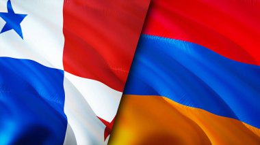 Panama ve Ermenistan bayrakları. 3 boyutlu dalgalanan bayrak tasarımı. Panama Ermenistan bayrağı, resim, duvar kağıdı. Panama, Ermenistan imajına karşı, 3 boyutlu görüntüleme. Panama Ermenistan ilişkileri ittifak ve ticaret, seyahat, turizm konsepti