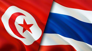 Tunus ve Tayland bayrakları. 3 boyutlu dalgalanan bayrak tasarımı. Tunus Tayland bayrağı, resim, duvar kağıdı. Tunus, Tayland 'a karşı, görüntü 3 boyutlu. Tunus-Tayland ilişkileri ittifak ve ticaret, seyahat, turnuva