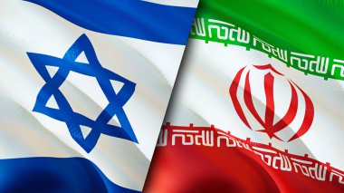 İsrail ve İran bayrakları. 3 boyutlu dalgalanan bayrak tasarımı. İsrail İran bayrağı, resim, duvar kağıdı. İsrail, İran 'a karşı, görüntü 3 boyutlu. İsrail İran ilişkileri ittifak ve ticaret, seyahat, turizm konsepti