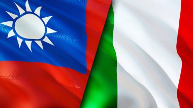 Tayvan ve İtalya bayrakları. 3 boyutlu dalgalanan bayrak tasarımı. Tayvan İtalya bayrağı, resim, duvar kağıdı. Tayvan İtalya 'ya karşı, görüntü 3 boyutlu. Tayvan İtalya ilişkileri ittifak ve ticaret, seyahat, turizm konsepti