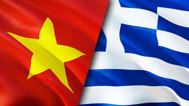 Vietnam ve Yunanistan yara izi kavramına sahip bayraklar. Dalgalanan bayrak, 3 boyutlu görüntüleme. Vietnam ve Yunanistan çatışma konsepti. Vietnam Yunanistan ilişkileri kavramı. Vietnam bayrağı ve Yunanistan krizi, savaş, saldırı konsepti