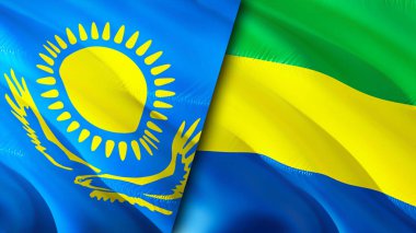 Kazakistan ve Gabon bayrakları. 3 boyutlu dalgalanan bayrak tasarımı. Kazakistan Gabon bayrağı, resim, duvar kağıdı. Kazakistan Gabon 'a karşı, görüntü 3 boyutlu. Kazakistan Gabon ilişkileri ittifak ve ticaret, seyahat, turnuva