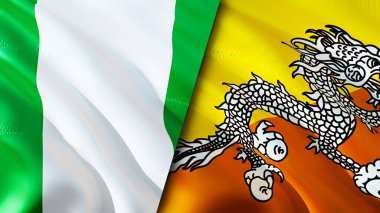 Nijerya ve Butan bayrakları. 3 boyutlu dalgalanan bayrak tasarımı. Nijerya Butan bayrağı, resim, duvar kağıdı. Nijerya, Bhutan imajına karşı, 3D görüntüleme. Nijerya Bhutan ilişkileri ittifak ve ticaret, seyahat, turizm konsepti