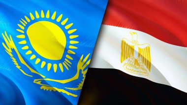 Kazakistan ve Mısır bayrakları. 3 boyutlu dalgalanan bayrak tasarımı. Kazakistan Mısır bayrağı, resim, duvar kağıdı. Kazakistan, Mısır 'a karşı görüntüsü, 3 boyutlu canlandırma. Kazakistan Mısır ilişkileri ittifak ve ticaret, seyahat, turnuva