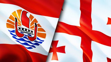 Fransız Polinezyası ve Gürcistan bayrakları. 3 boyutlu dalgalanan bayrak tasarımı. Fransız Polinezya Gürcistan bayrağı, resim, duvar kağıdı. Fransız Polinezyası, Gürcistan imajına karşı, 3D görüntüleme. Fransız Polinezyası Gürcistan ilişkisi