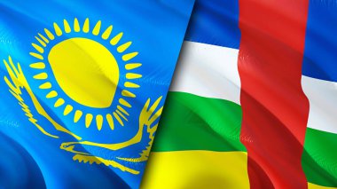 Kazakistan ve Orta Afrika Cumhuriyeti bayrakları. 3 boyutlu dalgalanan bayrak tasarımı. Kazakistan Orta Afrika Cumhuriyeti bayrağı, resim, duvar kağıdı. Kazakistan, Orta Afrika Cumhuriyeti imajına karşı, 3D görüntüleme
