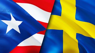 Porto Riko ve İsveç bayrakları. 3 boyutlu dalgalanan bayrak tasarımı. Porto Riko İsveç bayrağı, resim, duvar kağıdı. Porto Riko, İsveç 'e karşı imajı, 3 boyutlu. Porto Riko İsveç ilişkileri ve