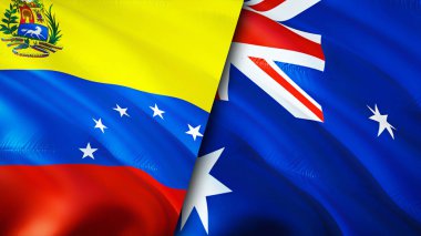 Venezuela ve Avustralya bayrakları. 3 boyutlu dalgalanan bayrak tasarımı. Venezuela Avustralya bayrağı, resim, duvar kağıdı. Venezuela Avustralya 'ya karşı, görüntü 3 boyutlu. Venezuela Avustralya ilişkileri