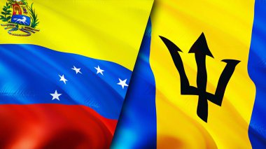 Venezuela ve Barbados bayrakları. 3 boyutlu dalgalanan bayrak tasarımı. Venezuela Barbados bayrağı, resim, duvar kağıdı. Venezuela, Barbados 'a karşı, görüntü 3 boyutlu. Venezuela Barbados İlişkiler Birliği