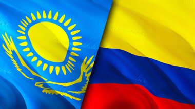 Kazakistan ve Kolombiya bayrakları. 3 boyutlu dalgalanan bayrak tasarımı. Kazakistan Kolombiya bayrağı, resim, duvar kağıdı. Kazakistan Kolombiya 'ya karşı, görüntü 3 boyutlu. Kazakistan Kolombiya ilişkileri