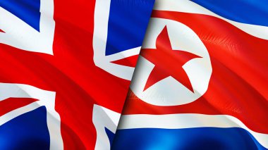 Birleşik Krallık ve Kuzey Kore bayrakları. 3 boyutlu dalgalanan bayrak tasarımı. Birleşik Krallık Kuzey Kore bayrağı, resim, duvar kağıdı. Birleşik Krallık, Kuzey Kore 'ye karşı, görüntü 3D. Birleşik Krallık Kuzey Kore
