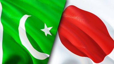 Pakistan ve Japonya bayrakları. 3 boyutlu dalgalanan bayrak tasarımı. Pakistan Japonya bayrağı, resim, duvar kağıdı. Pakistan, Japonya 'ya karşı, görüntü 3 boyutlu. Pakistan Japonya ilişkileri ittifak ve ticaret, seyahat, turizm konsepti