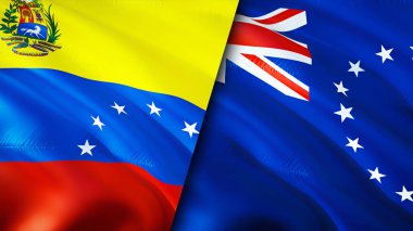 Venezuela ve Cook Adaları bayrakları. 3 boyutlu dalgalanan bayrak tasarımı. Venezuela Cook Adaları bayrağı, resim, duvar kağıdı. Venezuela, Cook Adaları 'na karşı. Görüntü 3 boyutlu. Venezuela Cook Adaları İlişkiler Birliği