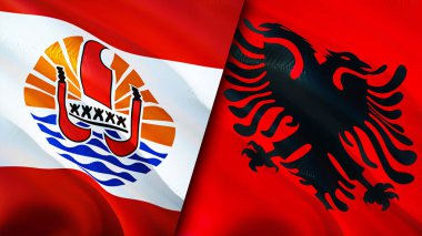 Fransız Polinezyası ve Arnavutluk bayrakları. 3 boyutlu dalgalanan bayrak tasarımı. Fransız Polinezyası Arnavutluk bayrağı, resmi, duvar kağıdı. Fransız Polinezyası Arnavutluk 'a karşı, görüntü 3D. Fransız Polinezyası Arnavutluk ilişkileri