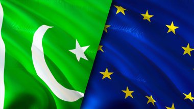 Pakistan ve Avrupa Birliği bayrakları. 3 boyutlu dalgalanan bayrak tasarımı. Pakistan Avrupa Birliği bayrağı, resim, duvar kağıdı. Pakistan, Avrupa Birliği imajına karşı, 3D görüntüleme. Pakistan Avrupa Birliği ilişkileri ittifakı