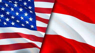 ABD ve Avusturya bayrakları. 3 boyutlu dalgalanan bayrak tasarımı. ABD Avusturya bayrağı, resim, duvar kağıdı. ABD Avusturya 'ya karşı, görüntü 3D. ABD Avusturya ilişkileri ittifak ve ticaret, seyahat, turizm konsepti