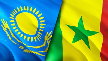 Kazakistan ve Senegal bayrakları. 3 boyutlu dalgalanan bayrak tasarımı. Kazakistan Senegal bayrağı, resim, duvar kağıdı. Kazakistan, Senegal imajına karşı, 3 boyutlu görüntüleme. Kazakistan Senegal ilişkileri ittifakı