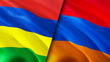 Mauritius ve Ermenistan bayrakları. 3 boyutlu dalgalanan bayrak tasarımı. Mauritius Ermenistan bayrağı, resim, duvar kağıdı. Mauritius, Ermenistan imajına karşı, 3 boyutlu görüntüleme. Mauritius Ermenistan ilişkileri ittifak ve ticaret, seyahat, turnuva