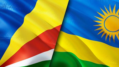 Seyşeller ve Ruanda bayrakları. 3 boyutlu dalgalanan bayrak tasarımı. Seyşeller Ruanda bayrağı, resim, duvar kağıdı. Seyşeller, Ruanda 'ya karşı, görüntü 3D. Seyşeller Ruanda ilişkileri ittifak ve ticaret, seyahat, turnuva