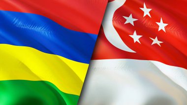Mauritius ve Singapur bayrakları. 3 boyutlu dalgalanan bayrak tasarımı. Mauritius Singapur bayrağı, resim, duvar kağıdı. Mauritius, Singapur 'a karşı, görüntü 3 boyutlu. Mauritius Singapur İlişkiler Birliği