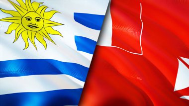 Uruguay, Wallis ve Futuna bayrakları. 3 boyutlu dalgalanan bayrak tasarımı. Uruguay Wallis ve Futuna bayrağı, resim, duvar kağıdı. Uruguay, Wallis ve Futuna 'ya karşı. Görüntü 3 boyutlu. Uruguay Wallis ve Futuna ilişkisi