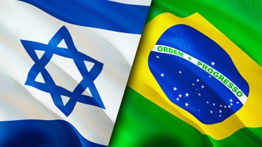 İsrail ve Brezilya bayrakları. 3 boyutlu dalgalanan bayrak tasarımı. İsrail Brezilya bayrağı, resim, duvar kağıdı. İsrail Brezilya 'ya karşı, görüntü 3 boyutlu. İsrail Brezilya ilişkileri ittifak ve ticaret, seyahat, turizm konsepti