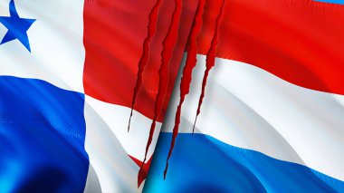 Panama ve Lüksemburg bayrakları ve yara izi konsepti. Dalgalanan bayrak, 3 boyutlu görüntüleme. Panama ve Lüksemburg çatışma konsepti. Panama Lüksemburg ilişkileri kavramı. Panama ve Lüksemburg bayrağı krizi, savaş, attac