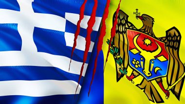 Yara izi kavramına sahip Yunanistan ve Moldova bayrakları. Dalgalanan bayrak, 3 boyutlu görüntüleme. Yunanistan ve Moldova ihtilafı kavramı. Yunanistan Moldova ilişkileri kavramı. Yunanistan bayrağı ve Moldova krizi, savaş, saldırı konsepti
