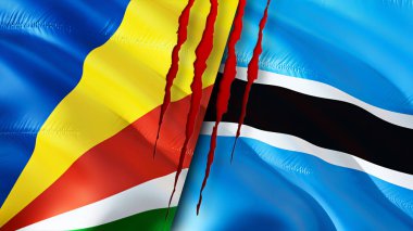 Seyşeller ve Botswana bayrakları yara izi konseptiyle. Dalgalanan bayrak, 3 boyutlu görüntüleme. Seyşeller ve Botsvana çatışma konsepti. Seyşeller Botsvana ilişkileri kavramı. Seyşeller ve Botkuan bayrağı