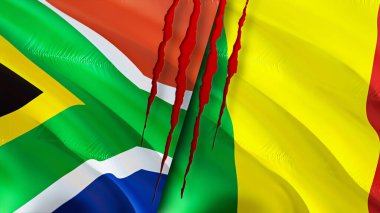 Güney Afrika ve Mali bayraklarında yara izi var. Dalgalanan bayrak, 3 boyutlu görüntüleme. Güney Afrika ve Mali çatışma konsepti. Güney Afrika Mali ilişkileri kavramı. Güney Afrika bayrağı ve Mali krizi, savaş, attac
