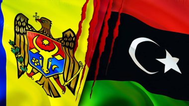 Yara izi olan Moldova ve Libya bayrakları. Dalgalanan bayrak, 3 boyutlu görüntüleme. Moldova ve Libya çatışma konsepti. Moldova Libya ilişkileri kavramı. Moldova bayrağı ve Libya krizi, savaş, saldırı konsepti