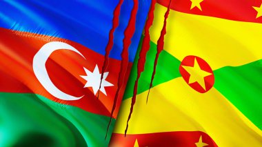 Yara izi olan Azerbaycan ve Grenada bayrakları. Dalgalanan bayrak, 3 boyutlu görüntüleme. Azerbaycan ve Grenada çatışma konsepti. Azerbaycan Grenada ilişkileri kavramı. Azerbaycan bayrağı ve Grenada krizi, savaş