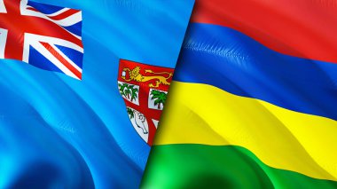Fiji ve Mauritius bayrakları. 3 boyutlu dalgalanan bayrak tasarımı. Fiji Mauritius bayrağı, resim, duvar kağıdı. Fiji, Mauritius 'a karşı. Görüntü 3 boyutlu. Fiji Mauritius ilişkileri ittifak ve ticaret, seyahat, turizm konsepti