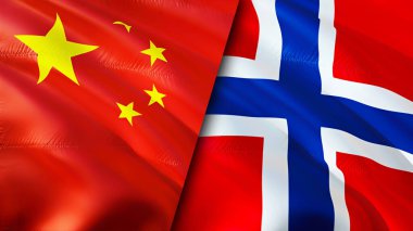 Çin ve Norveç bayrakları. 3 boyutlu dalgalanan bayrak tasarımı. Çin Norveç bayrağı, resim, duvar kağıdı. Çin, Norveç 'e karşı, görüntü 3 boyutlu. Çin Norveç ilişkileri ittifak ve ticaret, seyahat, turizm konsepti