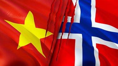 Vietnam ve Norveç bayrakları. 3 boyutlu dalgalanan bayrak tasarımı. Vietnam Norveç bayrağı, resim, duvar kağıdı. Vietnam Norveç 'e karşı, görüntü 3 boyutlu. Vietnam Norveç ilişkileri ittifak ve ticaret, seyahat, turizm konsepti