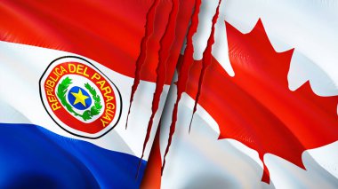 Paraguay ve Kanada bayrakları ve yara izi konsepti. Dalgalanan bayrak, 3 boyutlu görüntüleme. Paraguay ve Kanada çatışma konsepti. Paraguay Kanada ilişkileri kavramı. Paraguay ve Kanada bayrağı krizi, savaş, saldırı konsepti