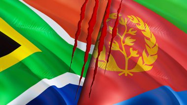 Güney Afrika ve Eritre bayraklarında yara izi var. Dalgalanan bayrak, 3 boyutlu görüntüleme. Güney Afrika ve Eritre çatışma konsepti. Güney Afrika Eritre ilişkileri kavramı. Güney Afrika ve Eritre bayrağı
