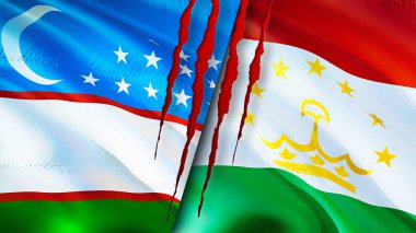 Yara izi olan Özbekistan ve Tacikistan bayrakları. Dalgalanan bayrak, 3 boyutlu görüntüleme. Özbekistan ve Tacikistan çatışma konsepti. Özbekistan Tacikistan ilişkileri kavramı. Özbekistan ve Tacikistanın bayrağı