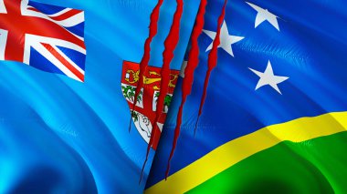 Fiji ve Solomon Adaları yara izi olan bayraklar. Dalgalanan bayrak, 3 boyutlu görüntüleme. Fiji ve Solomon Adaları çatışma konsepti. Fiji Solomon Adaları ilişkileri kavramı. Fiji ve Solomon Adasının bayrağı