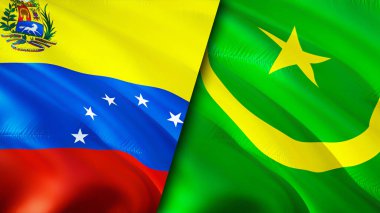 Venezuela ve Moritanya bayrakları. 3 boyutlu dalgalanan bayrak tasarımı. Venezuela Moritanya bayrağı, resim, duvar kağıdı. Venezuela Moritanya 'ya karşı, görüntü 3 boyutlu. Venezuela Moritanya ilişkileri