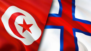 Tunus ve Faroe Adaları bayrakları. 3 boyutlu dalgalanan bayrak tasarımı. Tunus Faroe Adaları bayrağı, resim, duvar kağıdı. Tunus, Faroe Adaları 'na karşı. Görüntü 3D. Tunus Faroe Adaları İlişkiler Birliği
