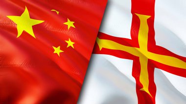 Çin ve Guernsey bayrakları. 3 boyutlu dalgalanan bayrak tasarımı. China Guernsey bayrağı, resim, duvar kağıdı. Çin, Guernsey 'e karşı. Görüntü 3 boyutlu. Çin Guernsey ilişkileri ittifak ve ticaret, seyahat, turizm konsepti