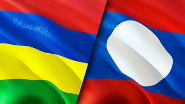 Mauritius ve Laos bayrakları. 3 boyutlu dalgalanan bayrak tasarımı. Mauritius Laos bayrağı, resim, duvar kağıdı. Mauritius Laos 'a karşı, görüntü 3 boyutlu. Mauritius Laos ilişkileri ittifak ve ticaret, seyahat, turizm konsepti