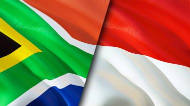 Güney Afrika ve Endonezya bayrakları. 3 boyutlu dalgalanan bayrak tasarımı. Güney Afrika bayrağı, resim, duvar kağıdı. Güney Afrika, Endonezya 'ya karşı, görüntü 3 boyutlu. Güney Afrika Endonezya ilişkileri